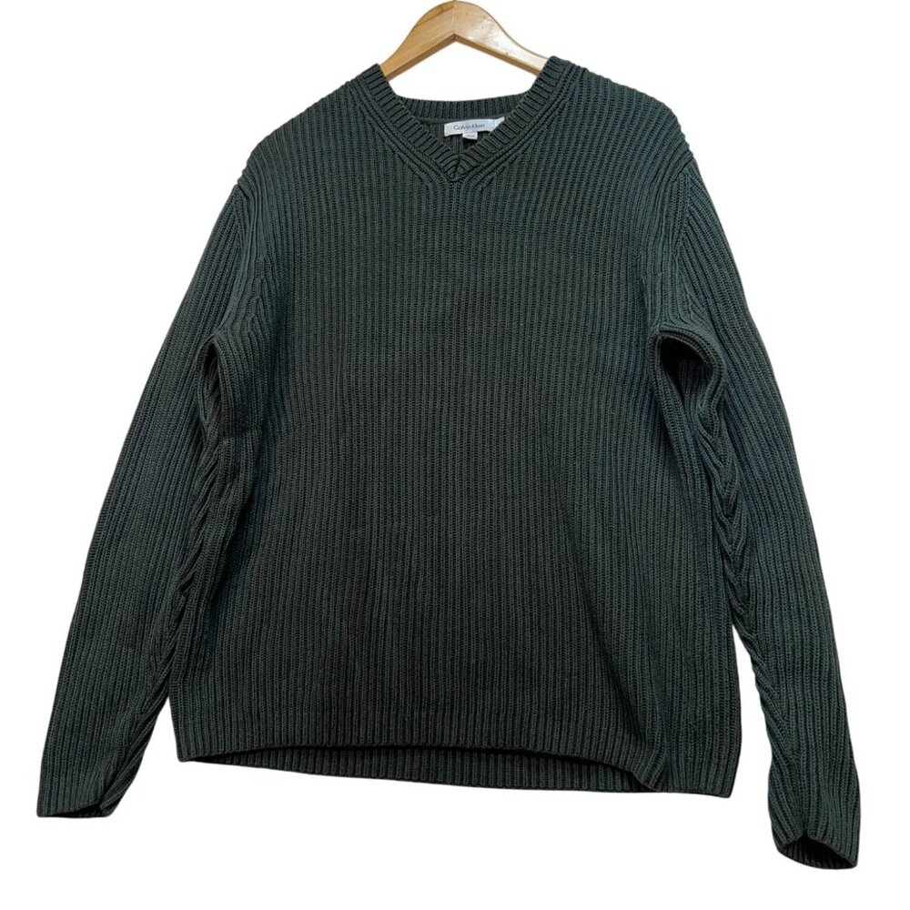 Calvin Klein Mens V-Neck Sweater Large Green Ribbed Knit Pullover Cozy Casual